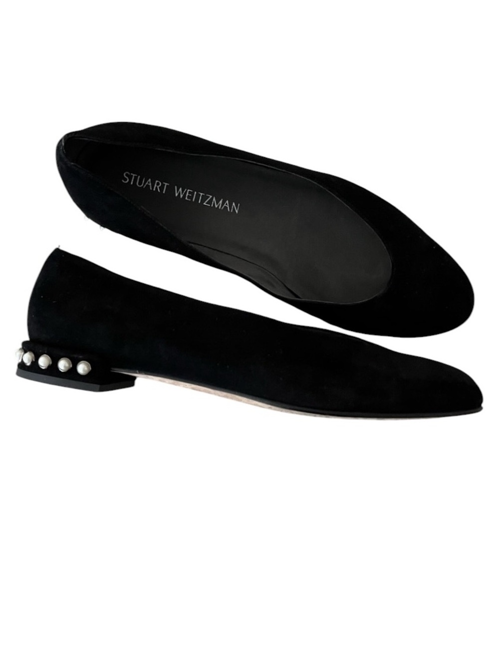 Stuart Weitzman Chicpearl Ballet Flats Size 10.5 Black Suede Pearl-Accent